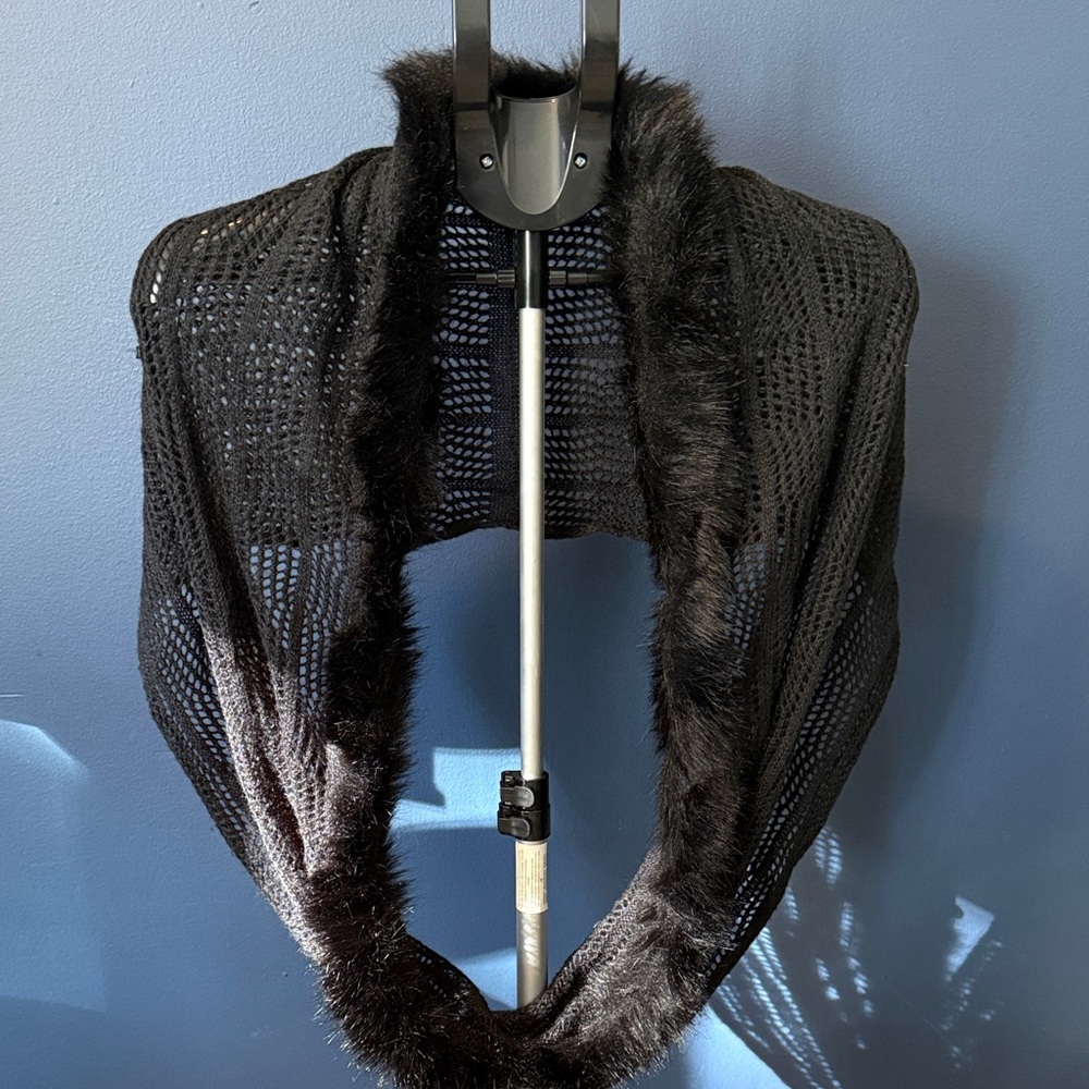 Surell Fox Fur Trim Neck Loop Black Knit Scarf Shawl Wrap
